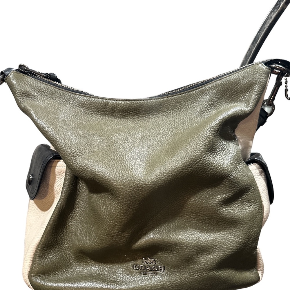 Coach olive grey and beige leather large bag very nice condition cute